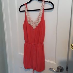 Coral Mini Dress W. Cinched Waist and Crochet Bust